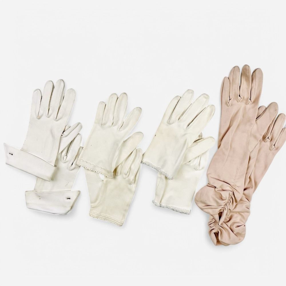 Vintage Midcentury Lot of 4 Pairs Beige White Womens Gloves Cotton Nylon